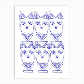 Wolf and Friends- Blue Pattern Art Print