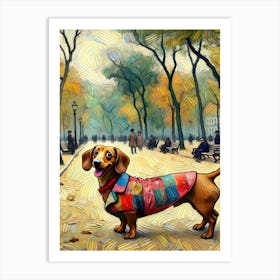 Cheerful Dachshund in a Patchwork Coat in Autumn Art Print