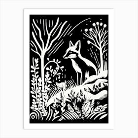 Fox In The Forest Linocut Illustration 22  Art Print