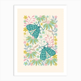 TWO MOTHS Delicate Bugs Floral with Pastel Garden Flowers Teal Turquoise Art Print