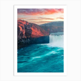 Icelandic Waterfall At Sunset Art Print