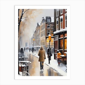 Amsterdam cafes, winter season, Christmas, autumn oil colors, pale colors, pedestrians in the street, winter clothes, falling snow.2 2 Poster