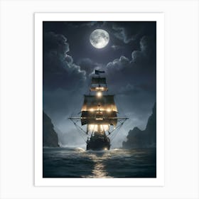 Pirate Ship At Night Art Print