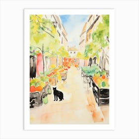 Food Market With Cats In Cambridge 3 Watercolour Art Print