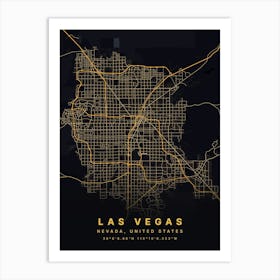 Las Vegas Nevada USA Black And Gold Map Art Print