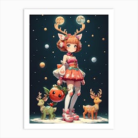 Christmas Girl With Reindeer 1 Art Print