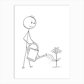 Stick Figure Watering A Flower Art Print