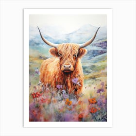 Colourful Highland Cow In The Wildflower Field  4 Art Print