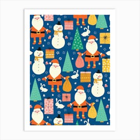 Happy Christmas Forest with Santa, Snowmen, and Rabbits on Dark Blue Art Print