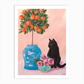Chinoiserie Black Cat And Orange Tree Art Print
