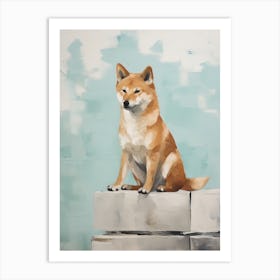 Shiba Inu Dog, Painting In Light Teal And Brown 1 Art Print