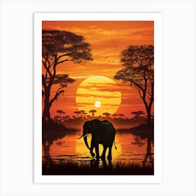 African Elephant Sunset Silhouette 2 Art Print
