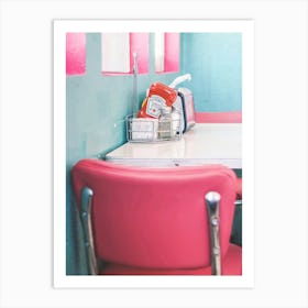 Route 66, USA I Interior of an American diner 50s retro vintage with pastel pink and blue aesthetic in the American countryside in Arizona or California captured as a lifestyle moment photography at the table Art Print