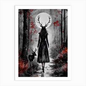 Guardian Witch of the Darkling Woods ~ Witchy Gothic Deer Forest Spooky Fairytale Watercolour  Art Print