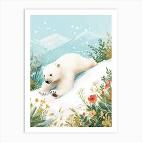 Polar Bear Cub Sliding Down A Snowy Hill Storybook Illustration 3 Art Print