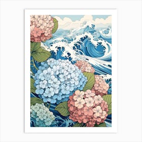 Great Wave With Hydrangea Flower Drawing In The Style Of Ukiyo E 4 Art Print