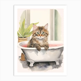 Kurilian Bobtail Cat In Bathtub Botanical Bathroom 2 Art Print