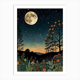 Moonlight Landscape Style William Morris Art Print Art Print