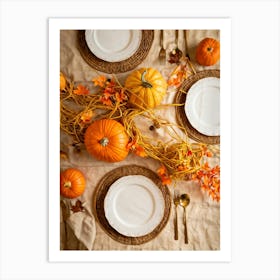 Autumn Themed Dinner Table Centerpiece Of Intertwined Golden Orange Pumpkin Vines Scattered Leaves 2 1 Art Print