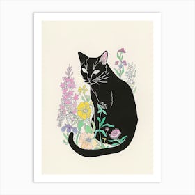 Cute Black Cat With Flowers Illustration 4 Art Print