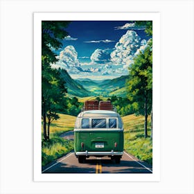 Lofi Anime Art: A vintage camper van on a countryside road with rolling hills and a vibrant sky. Perfect for nostalgic road trip vibes. Art Print