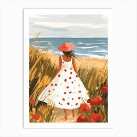 Girl In Red Dress Walking On The Beach Art Print