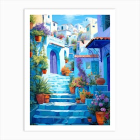 Blue Street With Potted Plants Art Print