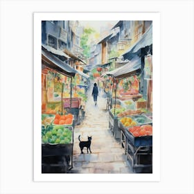 Food Market With Cats In Kyoto 1 Watercolour Art Print