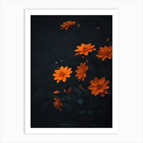 A Bunch Of Orange Flowers With Leaves On Black Background Art Print