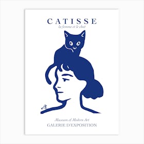 Cat Matisse Catisse Woman With Cat Blue Fun Blue Line Art Face Art Print