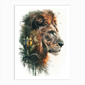 Double Exposure Realistic Lion With Jungle 5 Art Print