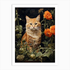 Contemporary Floral Cat On Windowsill 1 Art Print