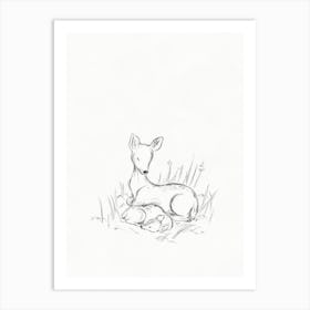 Doe And Fawn Pencil Sketch Art Print