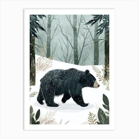 American Black Bear Walking Through Snow Storybook Illustration 1 Art Print