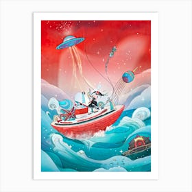 Hand Drawn Illustration Digital Hybrid Boat Navigating Whimsical Waves That Simulate A Cosmic Dance Art Print