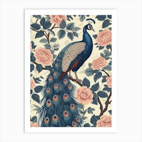 Blue & Cream Floral Peony Peacock Art Print