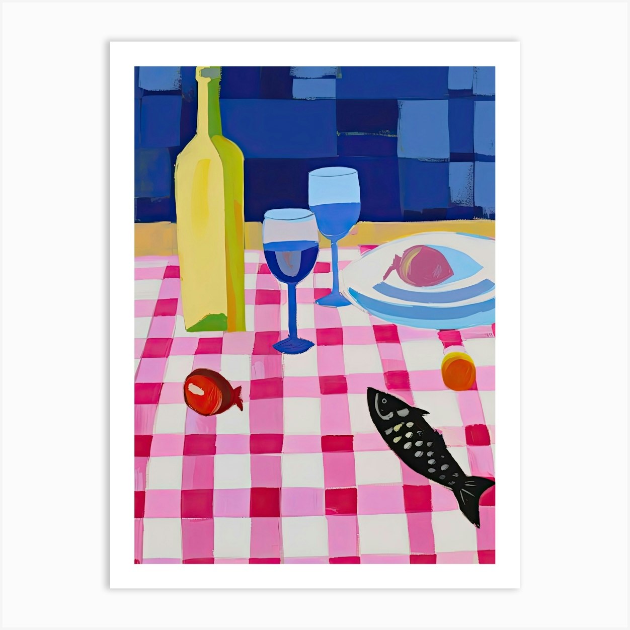 Painting Of A Table With Food And Wine, French Riviera View, Checkered Cloth, Matisse Style 4 Art Print by Mambo