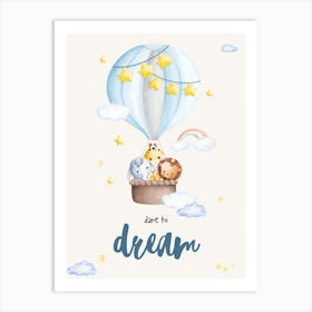 Watercolor Baby Animals In Hot Air Balloon Kids and Nursery Art Print