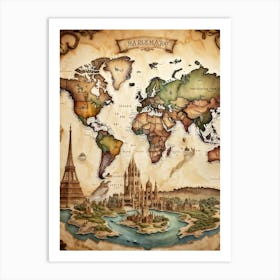 A World Map Visualizing An International Journey Pinpointing Iconic Historical Landmarks Across Var (1) Art Print