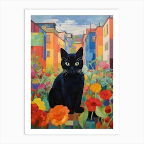 Black Cat In The Flower Garden Art Print