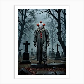 The Clown’s Grin Beneath the Moonlit Sky In The Cemetery Art Print