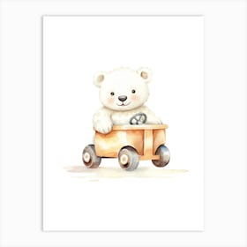 Baby Polar Bear On A Toy Car, Watercolour Nursery 2 Art Print