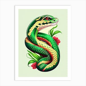 Cuban Green Snake Tattoo Style Art Print