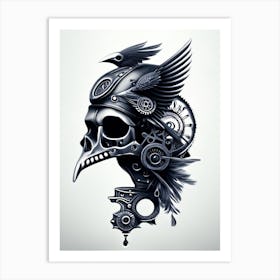 Skull With Bird 2 Motifs Black And White Stream Punk Art Print