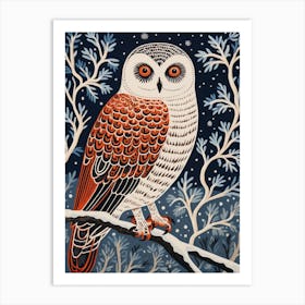 Vintage Bird Linocut Snowy Owl 4 Art Print