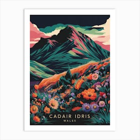 Stylized Landscape Art: Vibrant illustration of Cadair Idris with colorful wildflowers and bold geometric shapes. Perfect for nature-inspired decor. Art Print