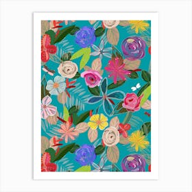 Vivid Colorful Botanical Flowers Pattern With Turquoise Background Art Print
