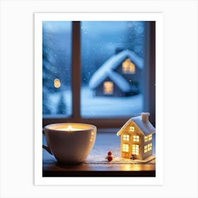 Macro Photography Of A Cup Cradling A Miniature House Windows Aglow With Warm Light Snow Covered T Art Print