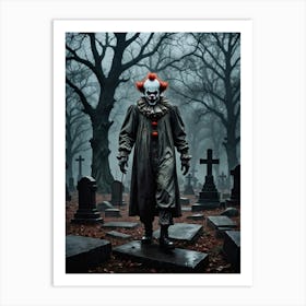 Midnight Laughs in the Cemetery Shadows Freaky Clown In Cemetery Art Print