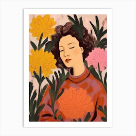 Woman With Autumnal Flowers Celosia 1 Art Print